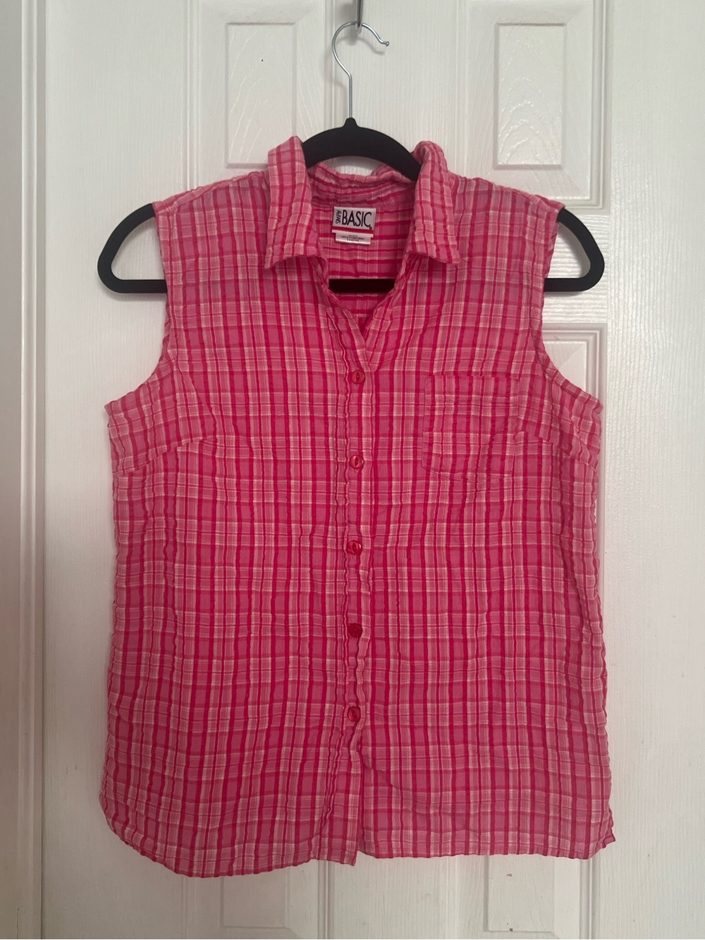 Vintage 90s Simply Basic Sleeveless Plaid Pink Button Up Shirt